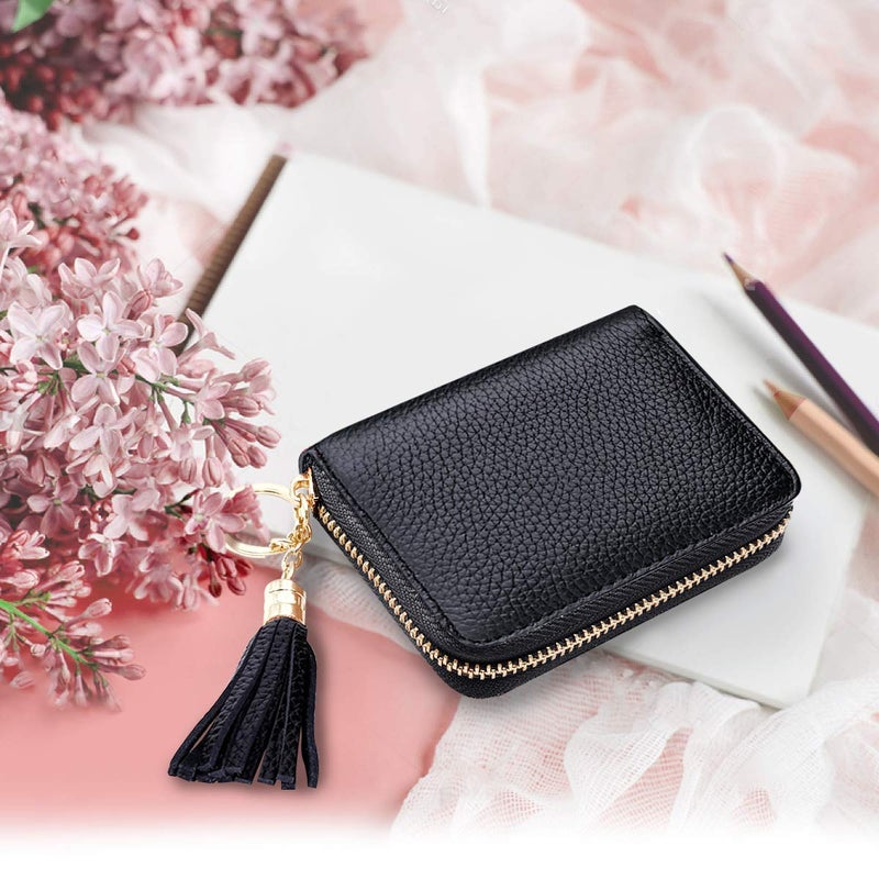 Coco Rossi Leather Credit Card Wallet for Women, RFID Blocking Zipper Cards Holder with Tassels-Black - Image 5